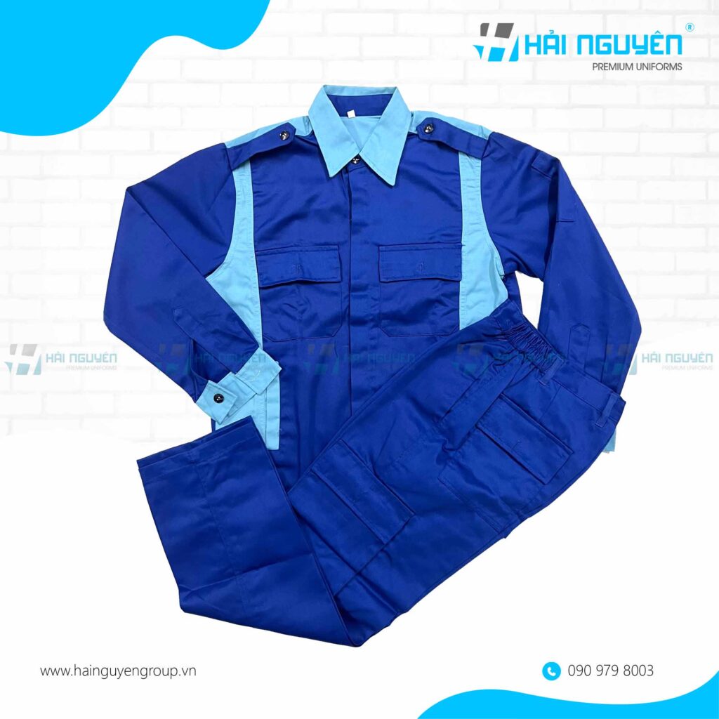 Đồng phục bảo hộ quần áo kỹ sư công trình xây dựng màu xanh dương phối cầu vai