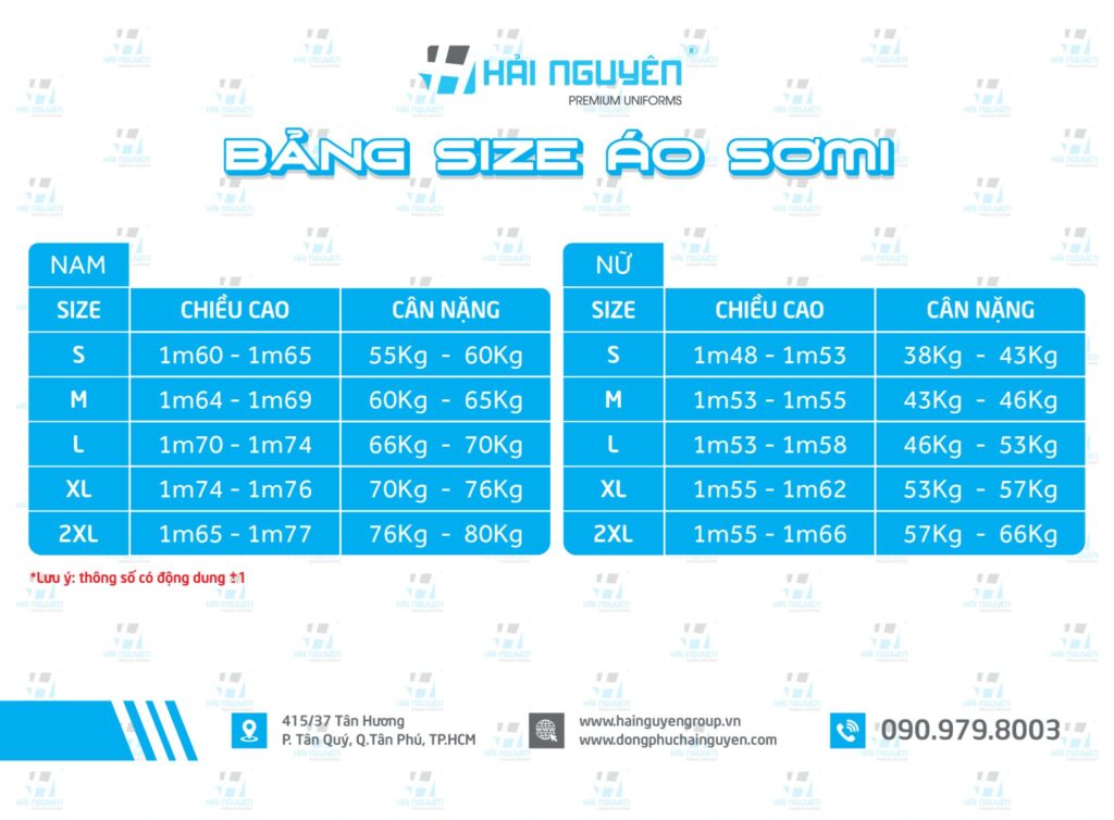 Bảng size áo sơ mi Đồng phục Hải Nguyên