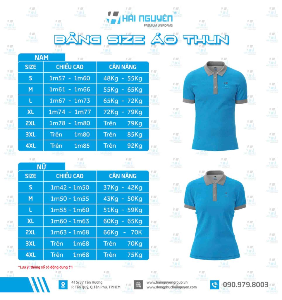Bảng size đồng phục tại Đồng phục Hải Nguyên