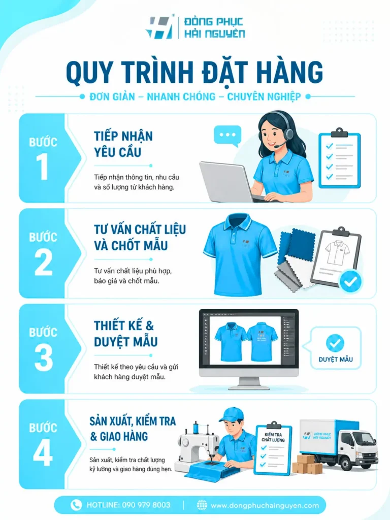 Quy trình đặt hàng nhanh chóng và đơn giản khi khách hàng có nhu cầu in tạp dề số lượng ít tại Đồng Phục Hải Nguyên.