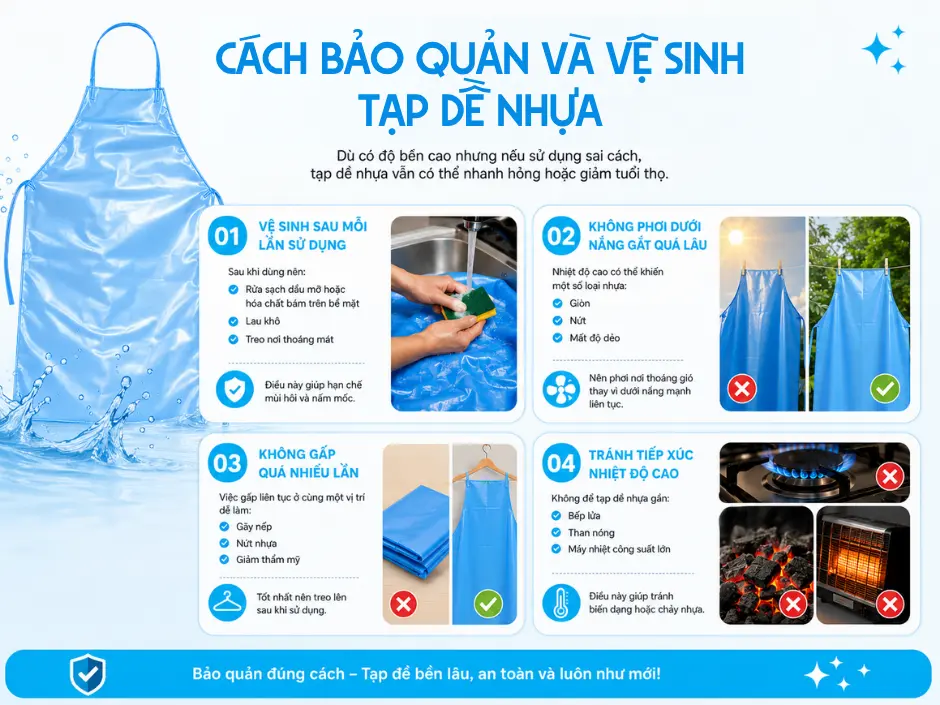 Infographic hướng dẫn chi tiết cách bảo quản và vệ sinh tạp dề nhựa đúng cách giúp kéo dài tuổi thọ sản phẩm.