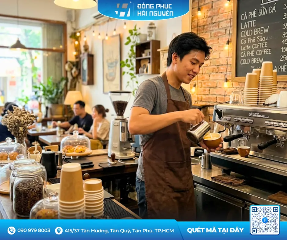 Nhân viên nam mặc mẫu may tạp dề đồng phục màu nâu đang pha chế cà phê tại quầy