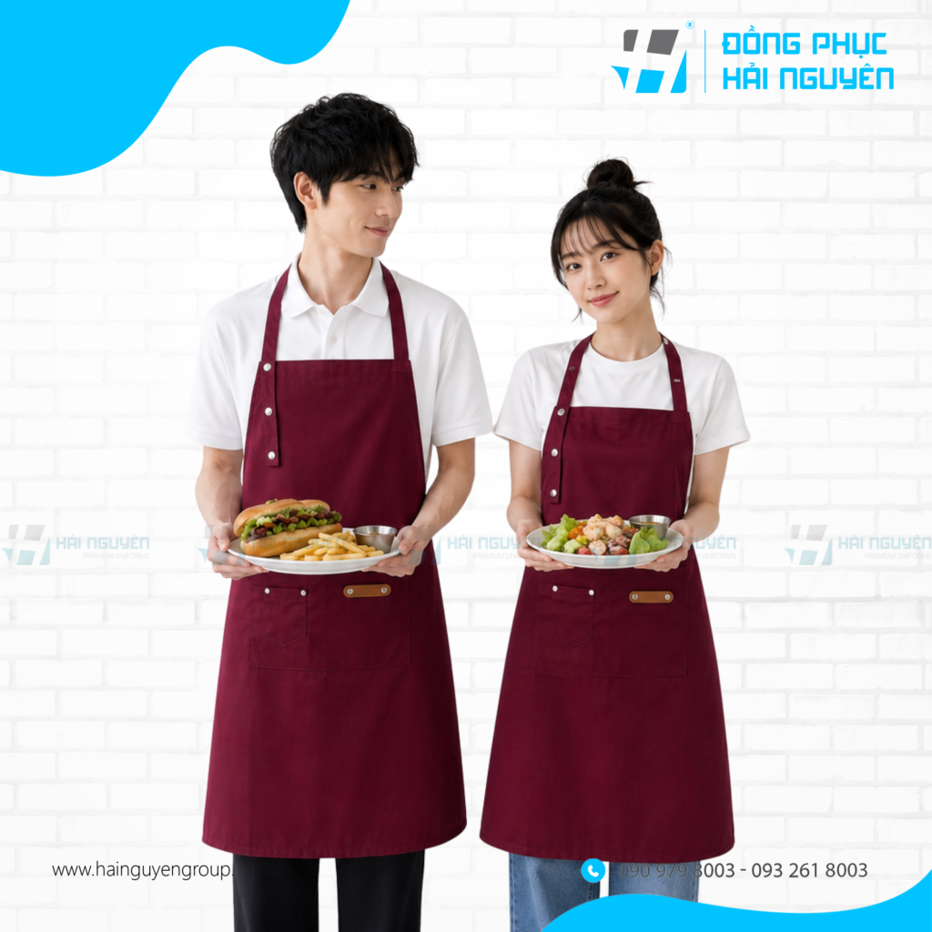Mẫu may tạp dề đồng phục màu đỏ đô cho nhân viên phục vụ nhà hàng chuyên nghiệp