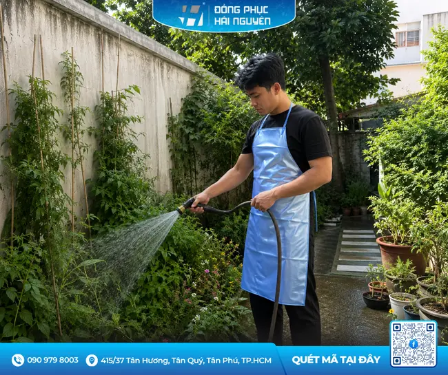 Người dùng đeo tạp dề chống nước màu xanh dương đang tưới cây chăm sóc làm vườn sau nhà.