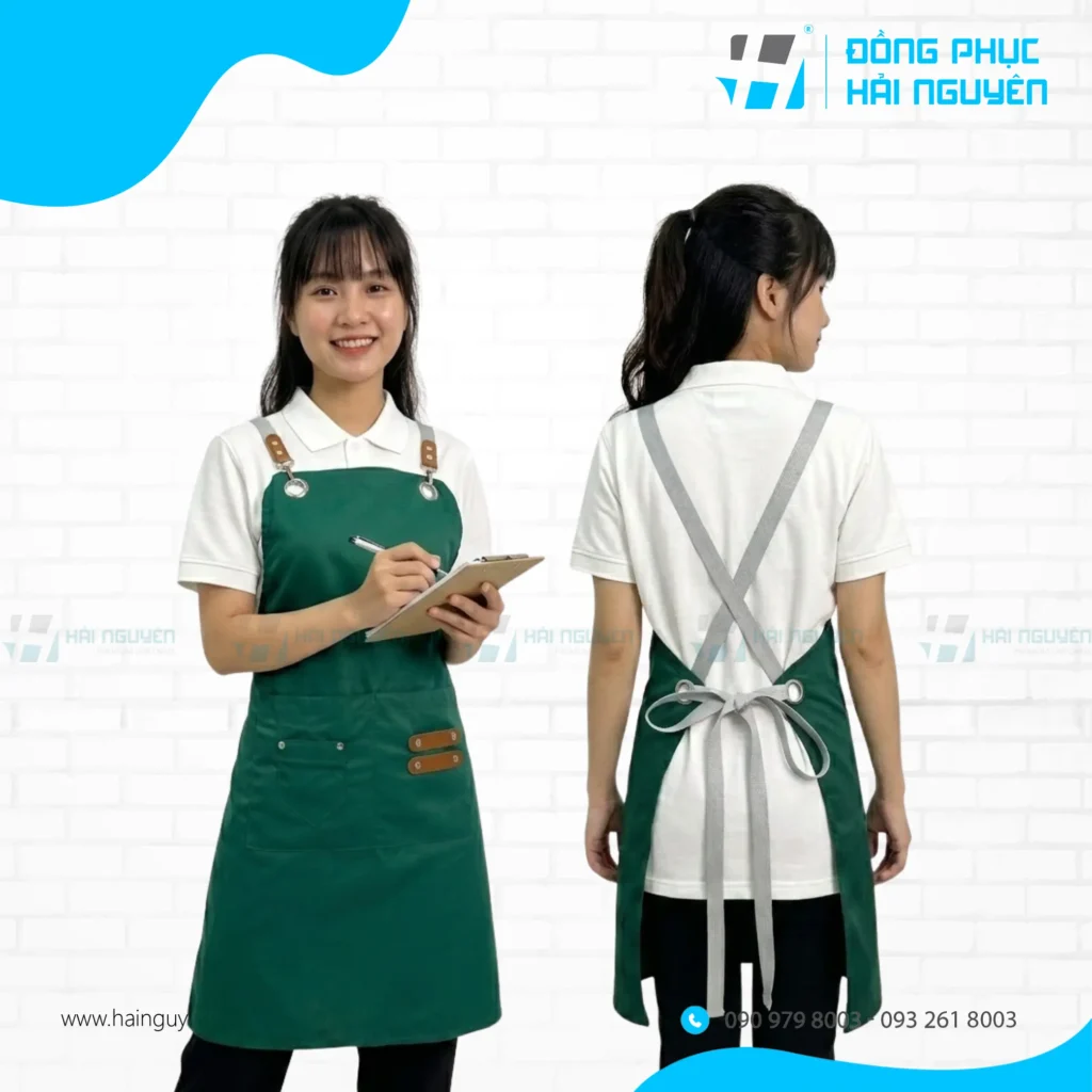 Mẫu tạp dề quán cafe dây đeo chéo màu xanh lá cây thiết kế hiện đại cho nhân viên