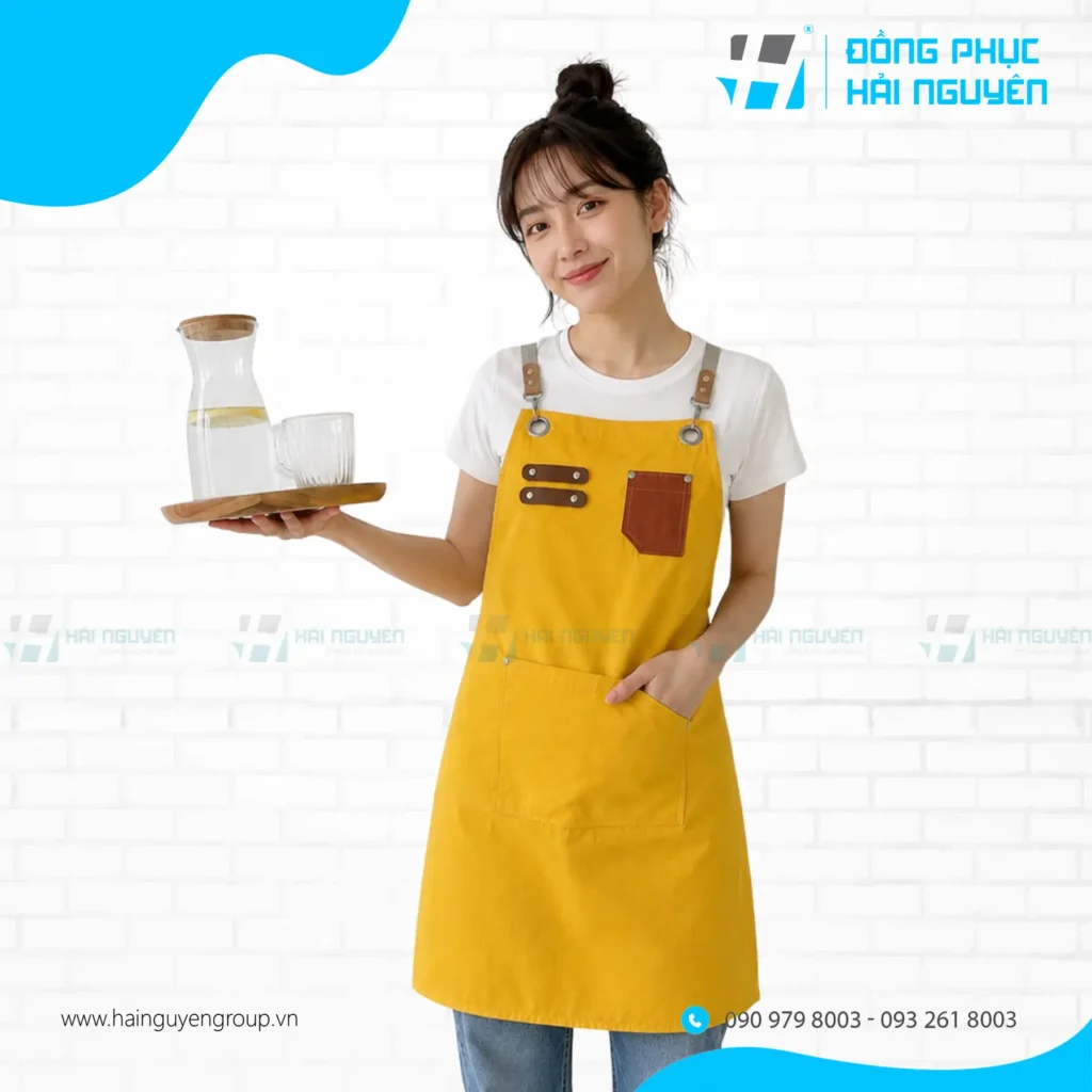 Mẫu may tạp dề đồng phục dáng yếm màu vàng phối túi nâu cho nhân viên phục vụ.