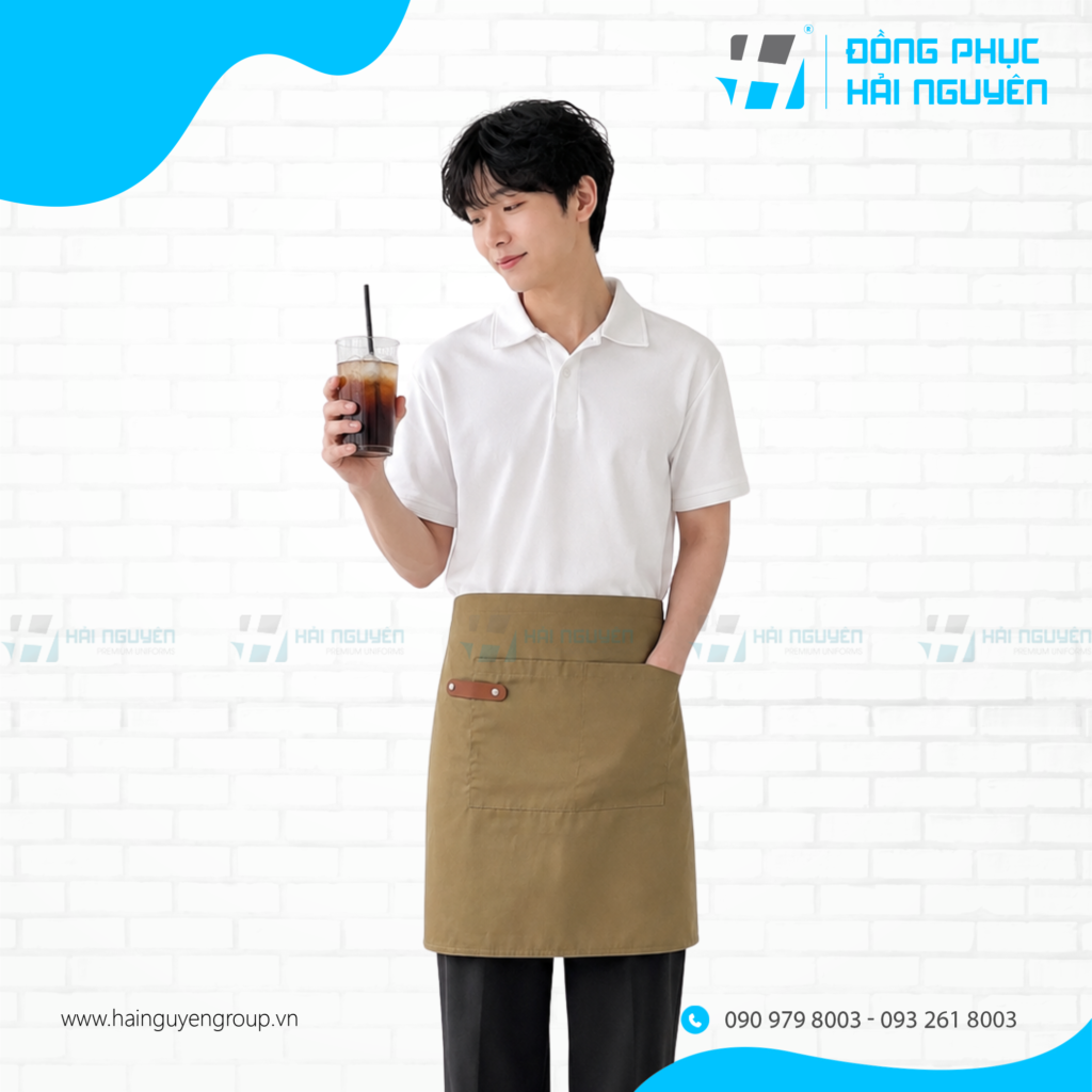Mẫu may tạp dề đồng phục dáng ngắn ngang hông màu nâu cho nhân viên phục vụ quán cafe.