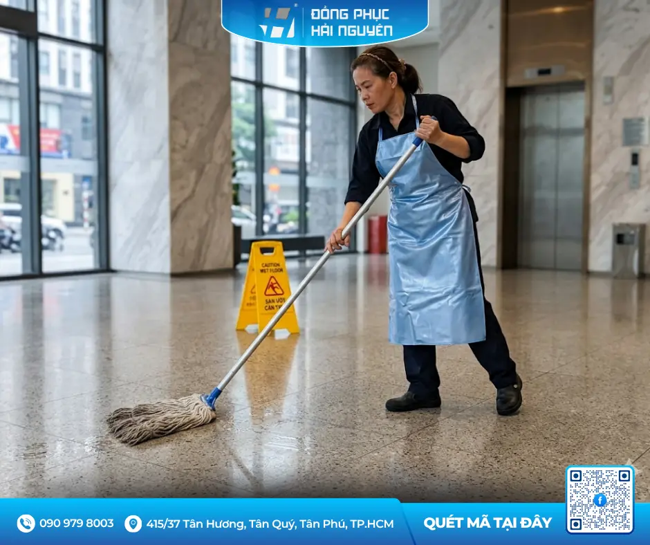 Nhân viên vệ sinh công nghiệp sử dụng tạp dề nhựa chống thấm nước màu xanh khi lau dọn sàn nhà.