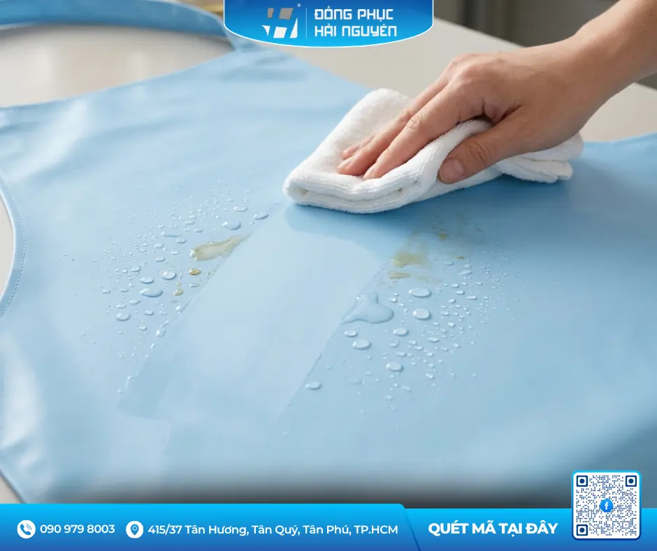 Dùng khăn trắng lau vết bẩn trên bề mặt tạp dề nhựa màu xanh dương.