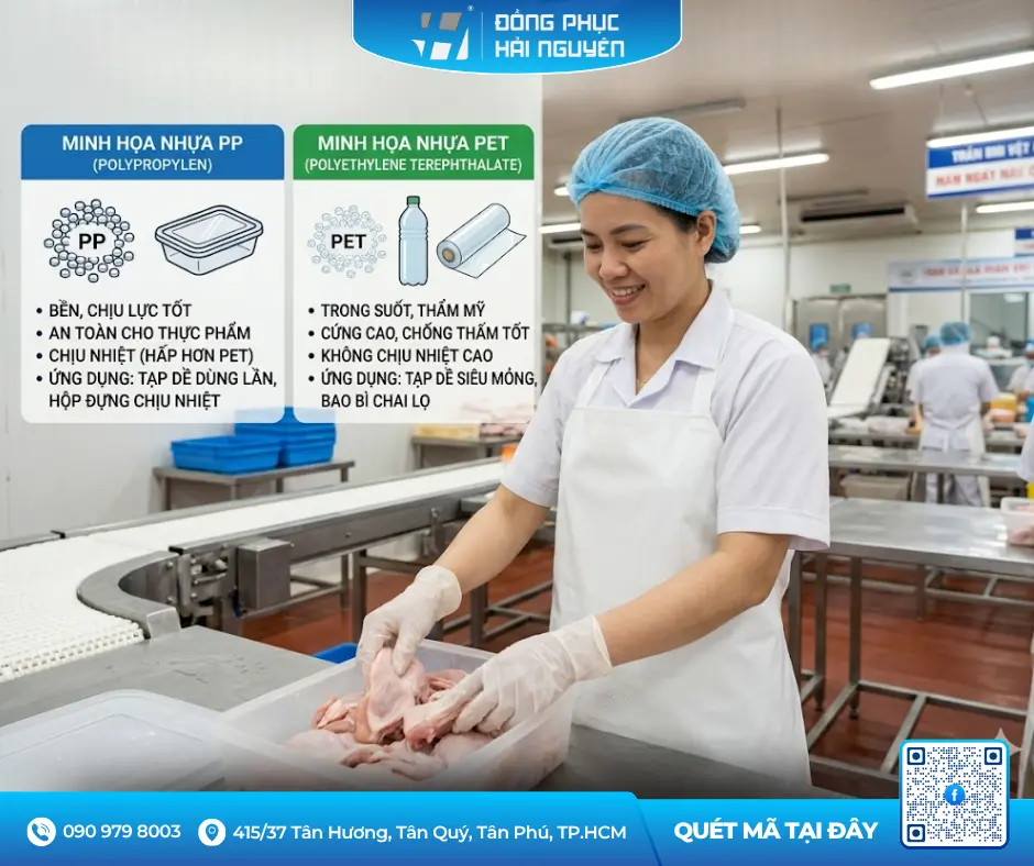 Bảng so sánh đặc tính tạp dề nhựa PP và PET kèm hình ảnh công nhân chế biến thực phẩm đeo tạp dề trắng bảo hộ.