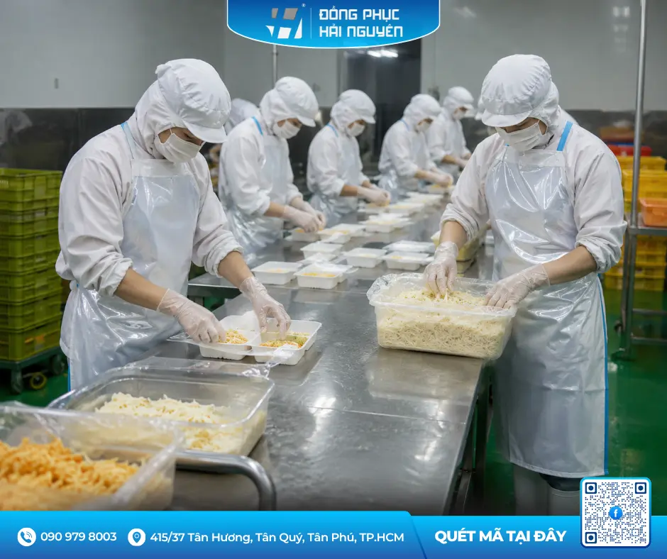 Công nhân nhà máy chế biến thực phẩm sử dụng tạp dề nhựa PVC màu trắng chống nước sạch sẽ.